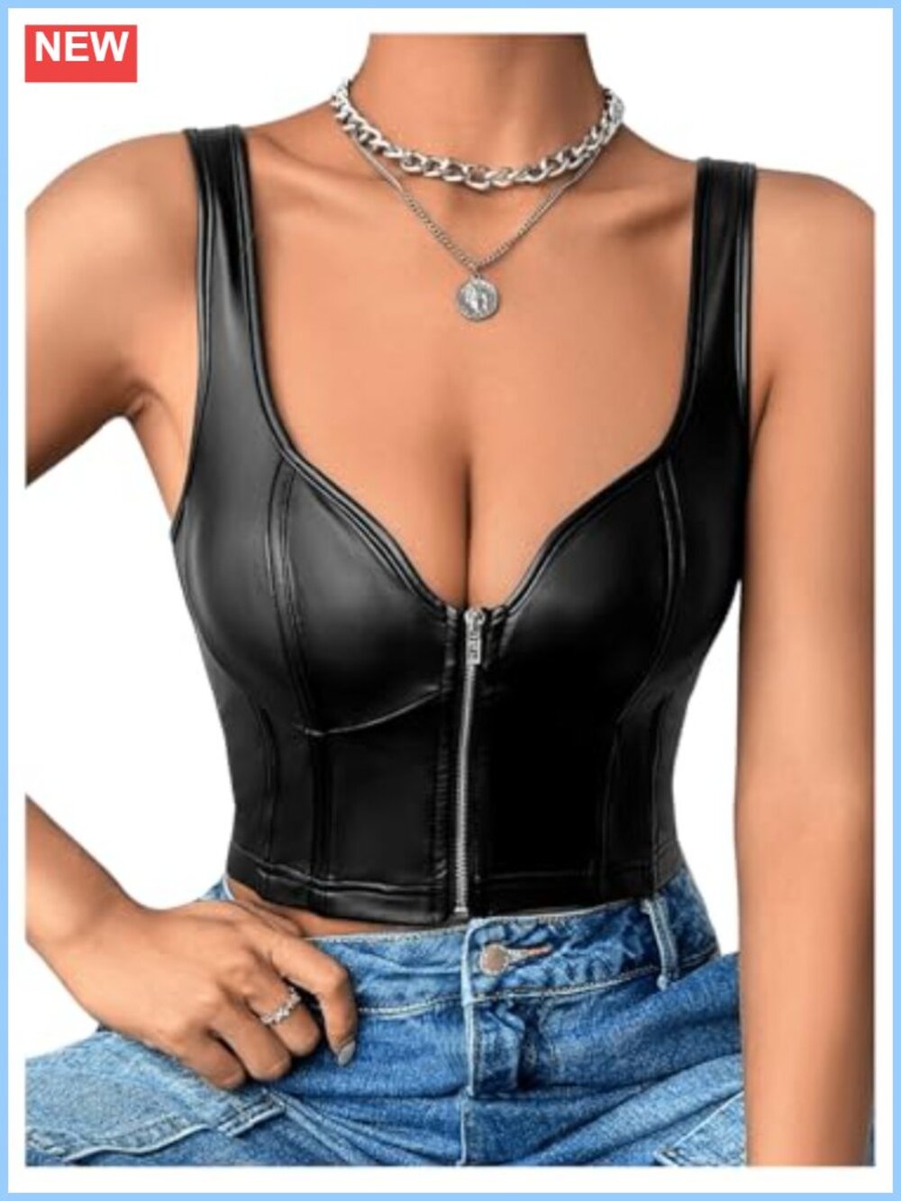 PU Leather Spaghetti Strap Cami Crop Top Sleeveless Backless